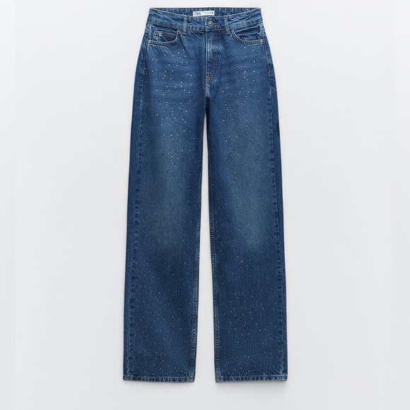 ZARA Z1975 FULL LENGTH STRAIGHT CUT BEADED JEANS WITH A HIGH WAIST - Picture 8 of 8